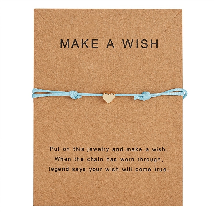 Bratara dorintelor cu snur reglabil, pandantiv in forma de inimioara placat cu aur 14k, albastru