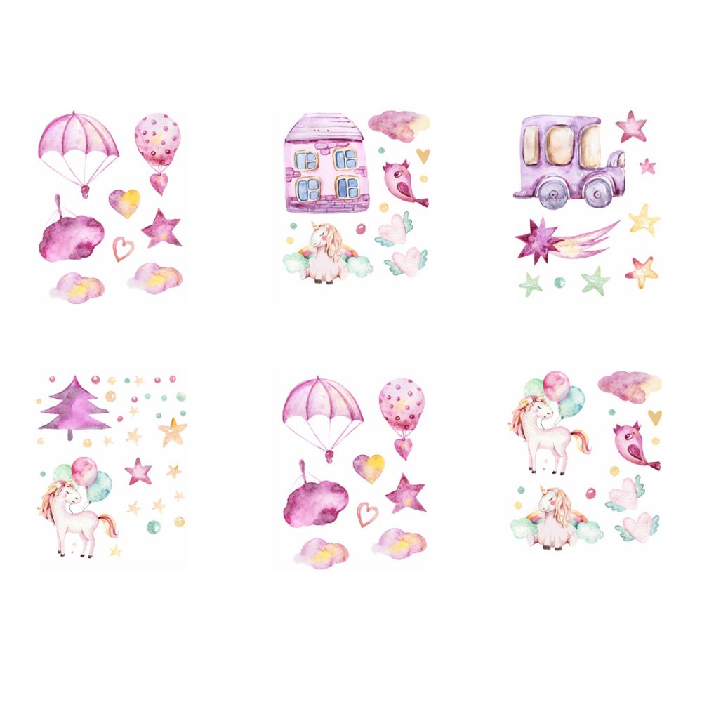 Sticker decorativ cu Unicorni, 6 coli autocolante, 14.8x21 cm, culoare roz/mov