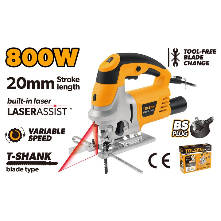 Fierastrau Pendular TOLSEN 800W FX Force Xpress, 800-3000rpm, Laser, Orbital 4 Trepte, Taiere Lemn 100mm, Otel 10mm, Baza Aluminiu, Lama Inclusa, CE, Industrial