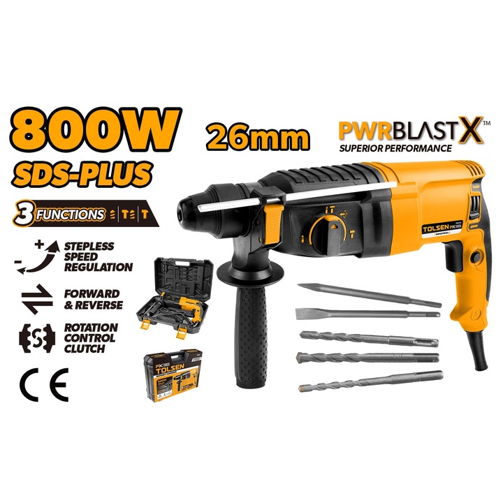 Ciocan Rotopercutor Industrial SDS Plus TOLSEN 800W FX Force Xpress, 2.8J, 0-1200rpm, 0-5500bpm, Beton 26mm, Otel 13mm, Lemn 40mm, CE, VDE, BMC, Dalti, Burghie, Maner