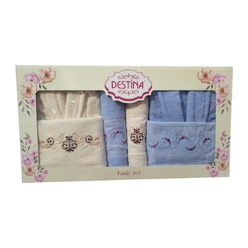 Set halate baie, Destina, El si Ea, Destina Ivoire/Blue, bumbac, ivoire + albastru, L-XL Set halate baie, Destina, El si Ea, Destina Ivoire/Blue, bumbac, ivoire + albastru, L-XL