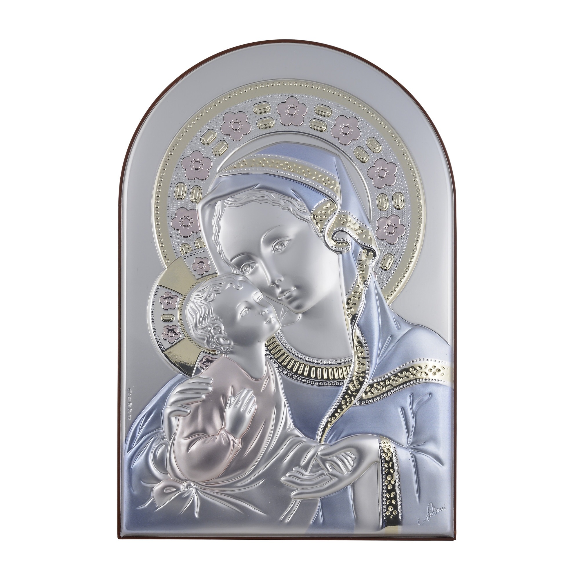 Icoana placata cu argint, pictata manual - Maica cu pruncul Iisus - Flori roz, finisaj alun, arcada V, 9x6 cm, 2/5