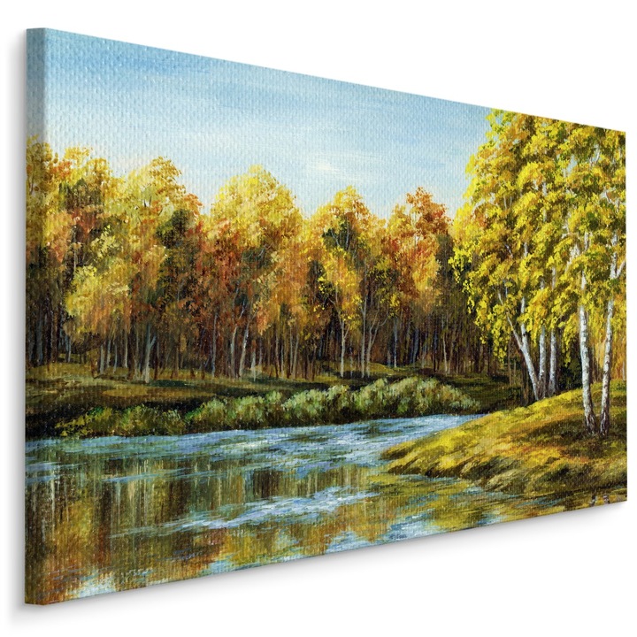 Tablou pentru Hol PADURE Lac Natura 90cm x 60cm Efect 3D, Canvas, Soare, Flori, Living, Copaci