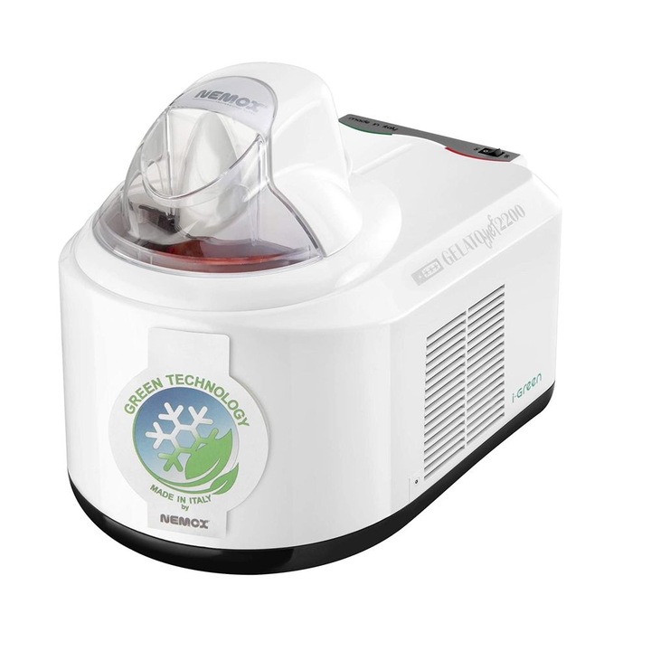 Машина за сладолед Nemox, Chef 2200 i-green, вграден компресор, производствен цикъл 20/25 мин. за 8-10 души, алуминиева купа 1,5 л, включени аксесоари, бяла