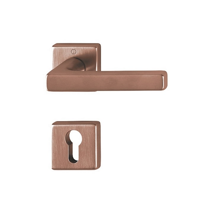 Maner usa interior, Hoppe Dallas, cu rozeta patrata pentru cilindru, material alama, culoare cupru satinat, 124x49mm