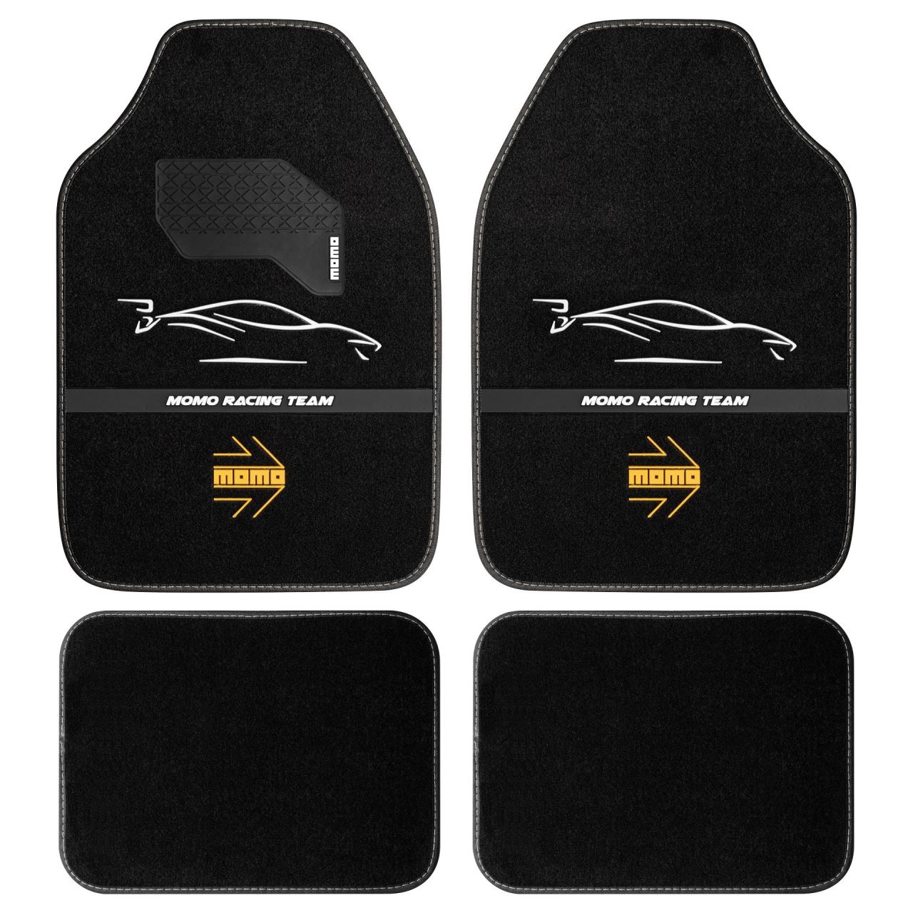 Covorase mocheta Momo Racing, negru cu ornamente albe, 4 bucati