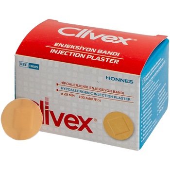 Plasturi rotunzi hipoalergenici post-injectie 25mm 100 buc/cut Clivex, 1 bucata Plasturi rotunzi hipoalergenici post-injectie 25mm 100 buc/cut Clivex, 1 bucata