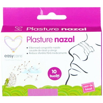 Plasture nazal pentru usurarea respiratiei 76x22mm 10 buc Easycare, 1 bucata Plasture nazal pentru usurarea respiratiei 76x22mm 10 buc Easycare, 1 bucata