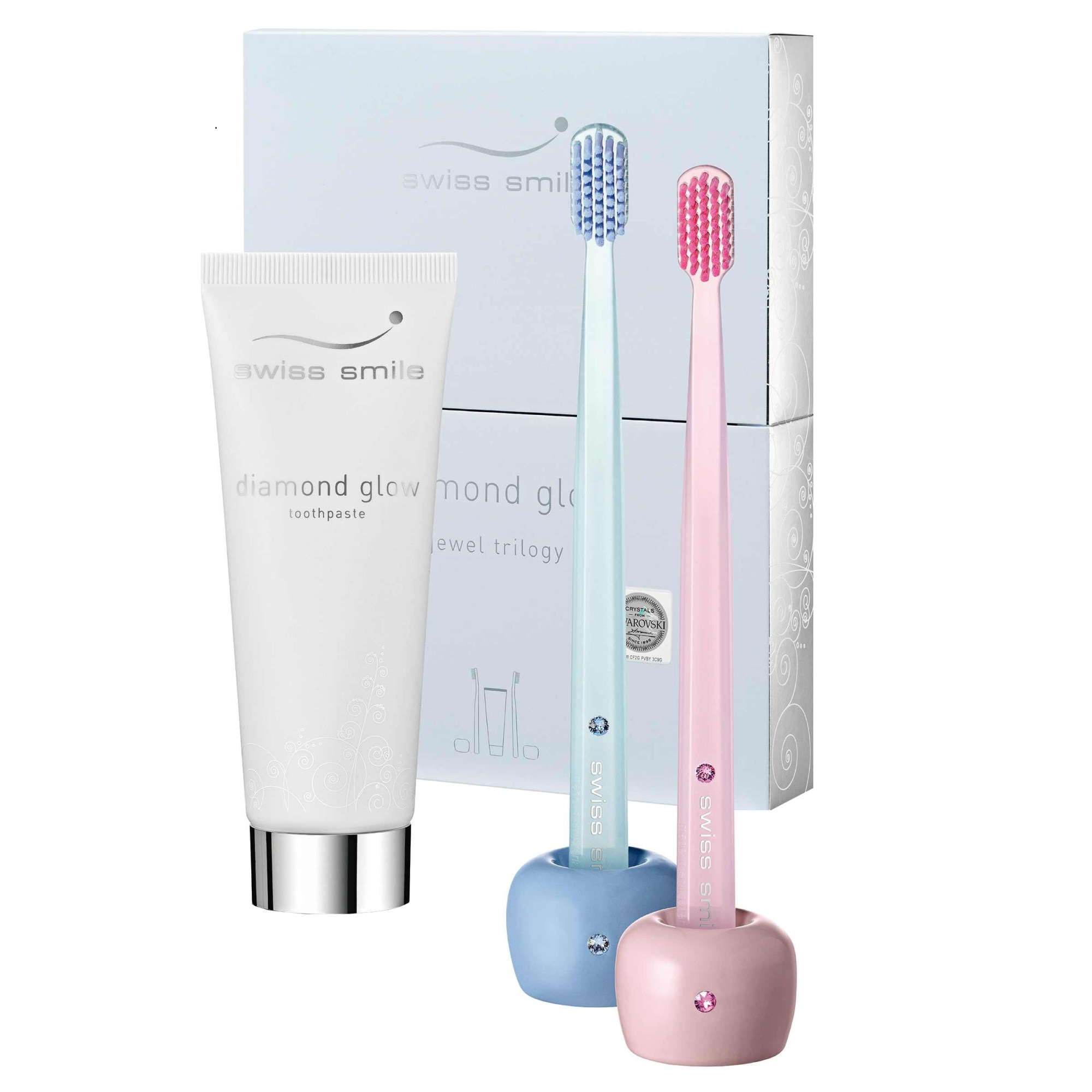 Set Pachet pasta de dinti SWISS SMILE Diamond Glow, cu particule fine de diamant, efect de albire, 2 periute de dinti, 2 suport periuta incrustat cu cristale Swarovski