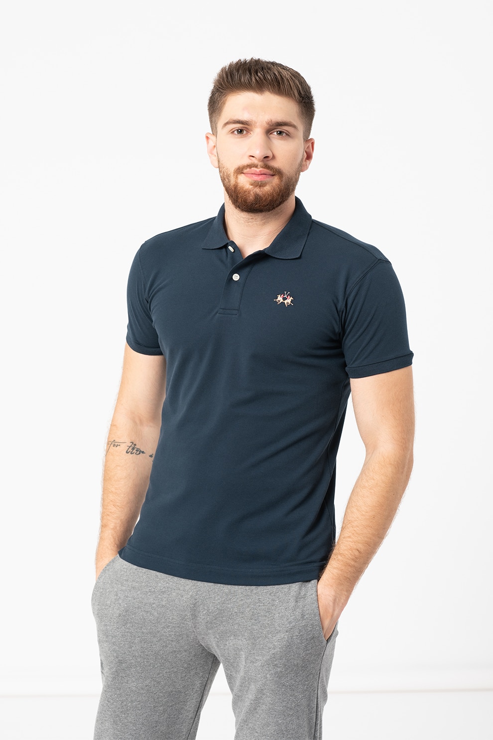 LA MARTINA, Tricou polo slim fit din material pique, Bleumarin inchis