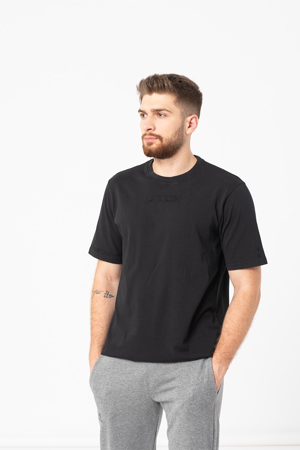 LA MARTINA, Tricou de bumbac cu logo suprdimensionat brodat, Negru