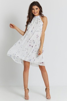 Rochie Ivon, midi, pe gat, fara maneci, cu cordon, model floral, Alb, 36-38 Rochie Ivon, midi, pe gat, fara maneci, cu cordon, model floral, Alb, 36-38