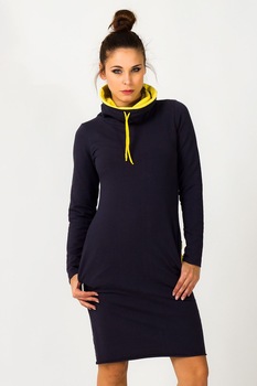 Rochie Tessita, midi, cu guler inalt cu siret, cu buzunare, Bleumarin, 38 Rochie Tessita, midi, cu guler inalt cu siret, cu buzunare, Bleumarin, 38