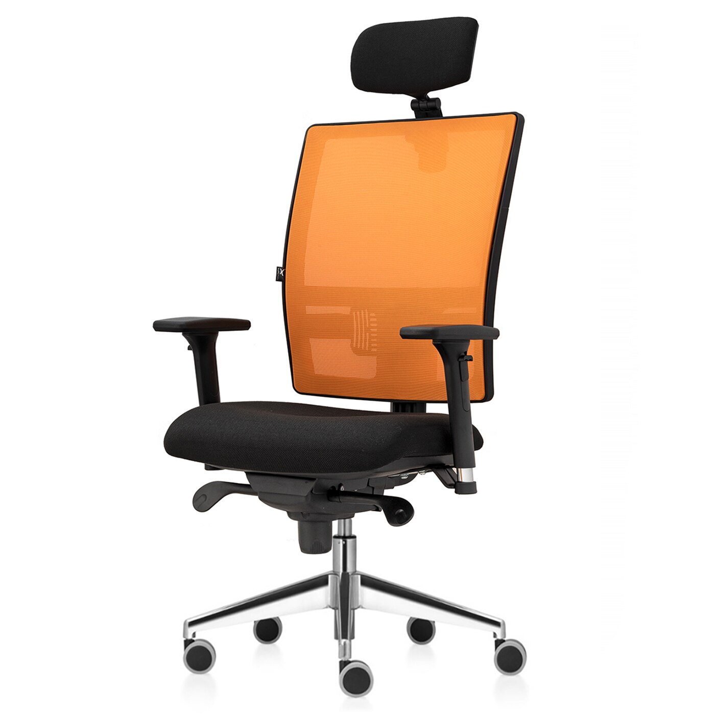Scaun ergonomic de birou TRAFFIC CHAIRS SMART PRO, tapiterie textil NEGRU, spatar reglabil pe inaltime cu mesh PORTOCALIU