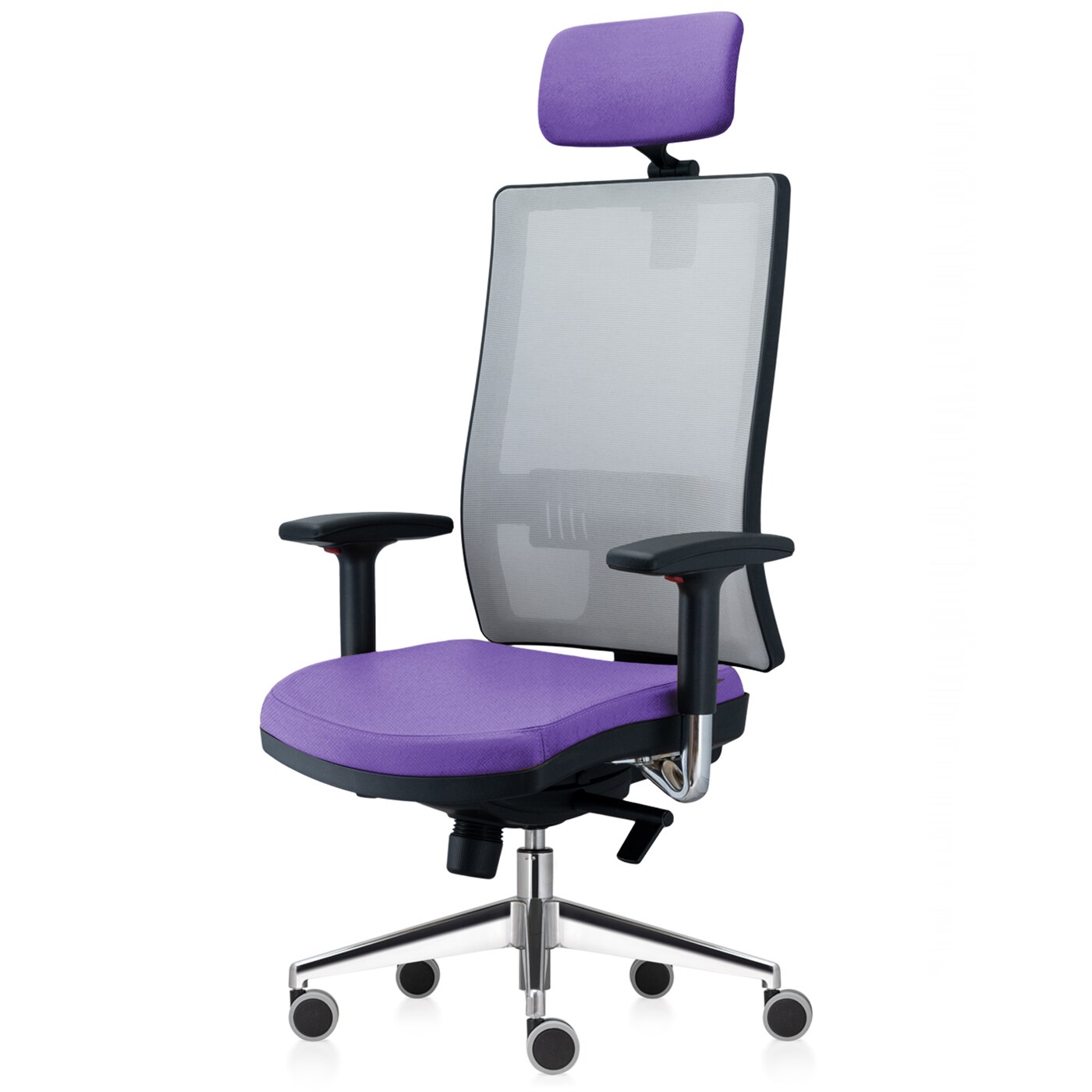 Scaun ergonomic de birou TRAFFIC CHAIRS RONDO PRO, sezut si tetiera tapitate textil MOV, mesh GRI