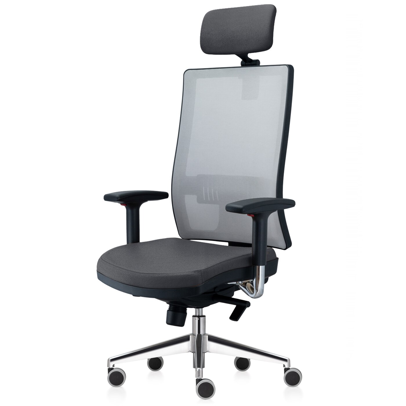Scaun ergonomic de birou TRAFFIC CHAIRS RONDO PRO, sezut si tetiera tapitate textil NEGRU, mesh GRI