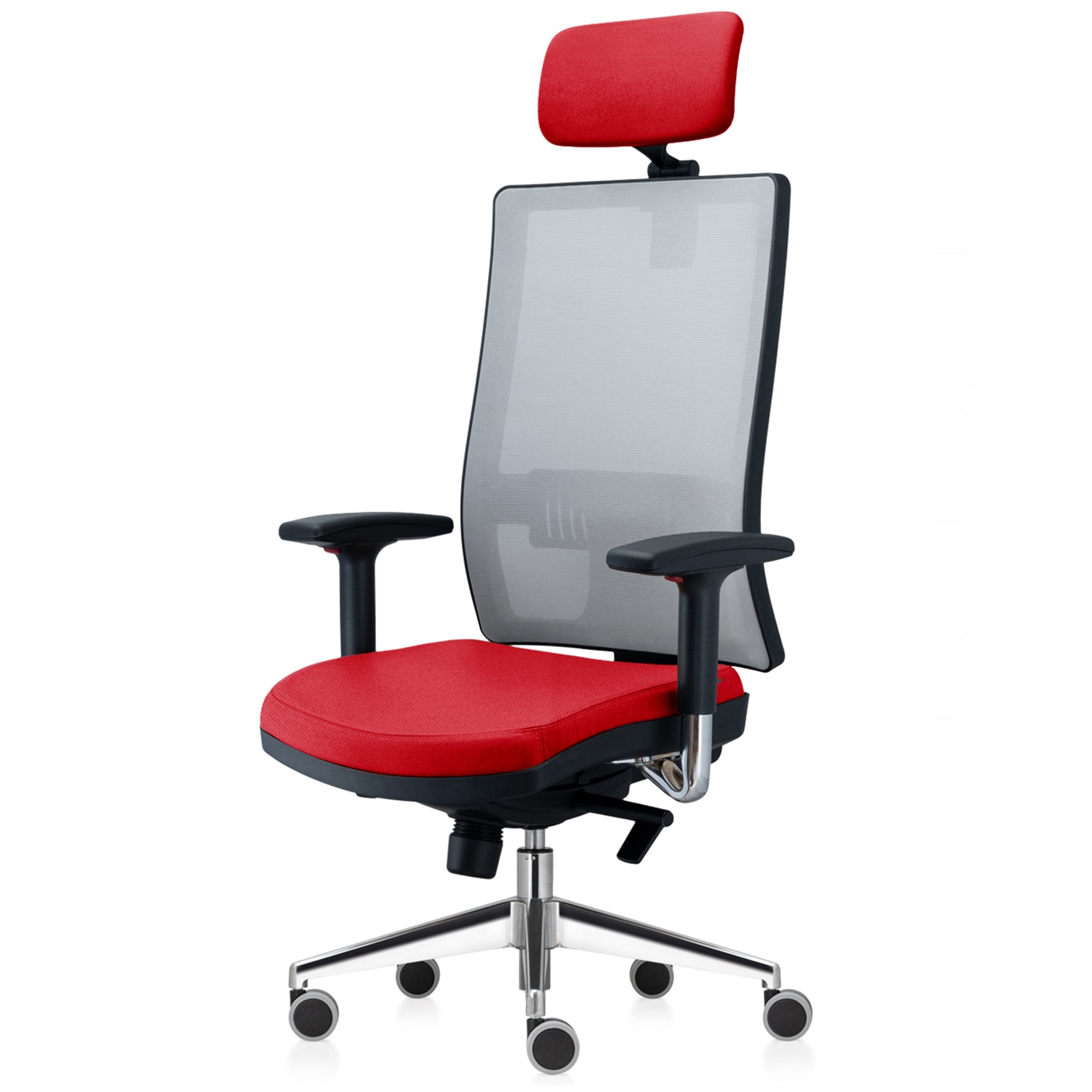 Scaun ergonomic de birou TRAFFIC CHAIRS RONDO PRO, sezut si tetiera tapitate textil ROSU, mesh GRI