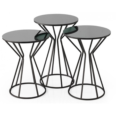 Set 3 masute cafea Dress, Studio Casa, picioare din metal, blat stica, Negru / Argintiu