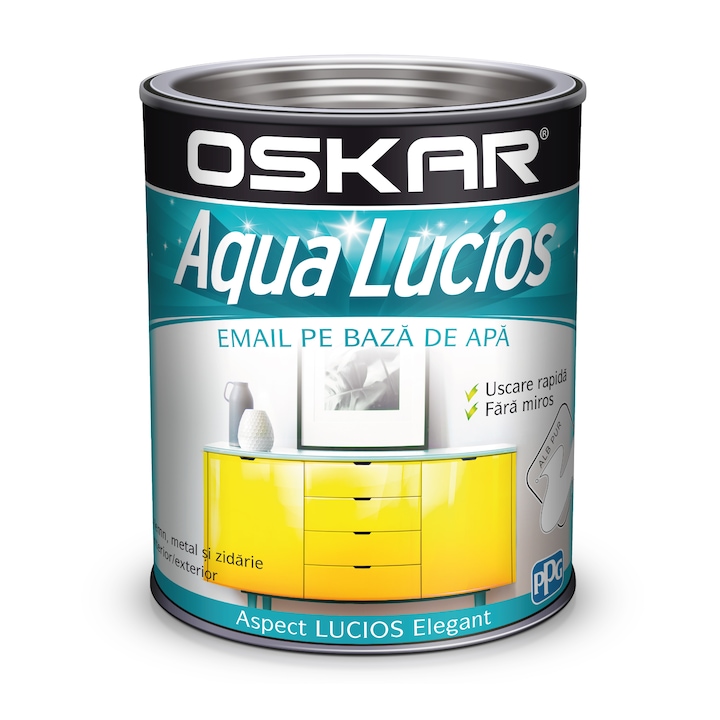 Vopsea email pe baza de apa Oskar Aqua Lucios, Alb pur, 2.5 l