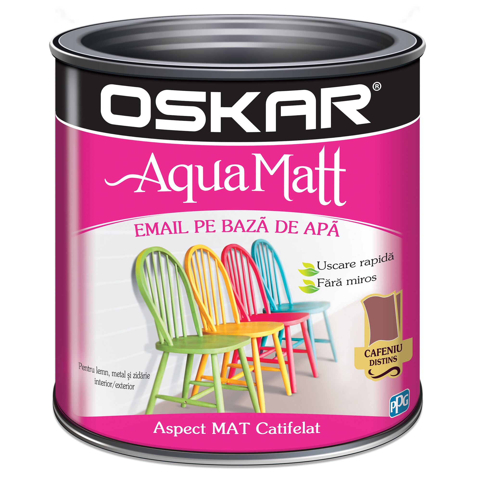 Vopsea email pe baza de apa Oskar Aqua Matt, Cafeniu Distins, 2.5 l