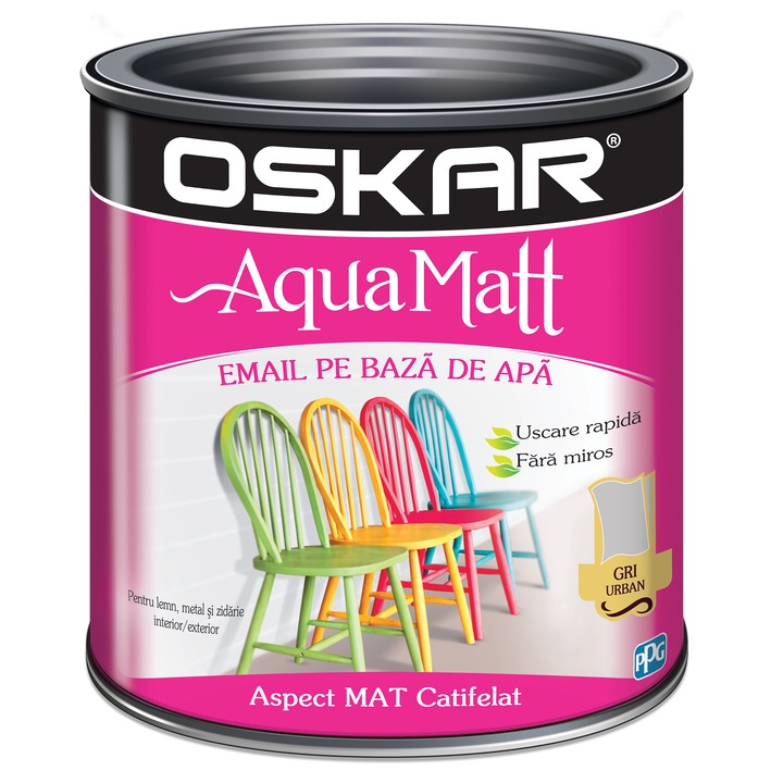 Vopsea email pe baza de apa Oskar Aqua Matt, Gri urban, 0.6 l