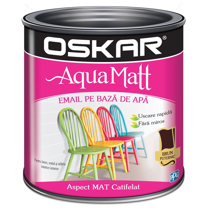 Vopsea email pe baza de apa Oskar Aqua Matt, Brun puternic, 0.6 l