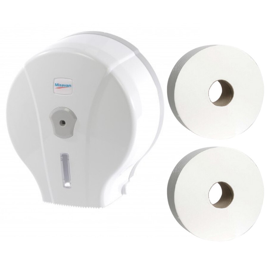 Pachet 1 x Dispenser pentru hartie Mini Jumbo, alb, plastic si 2 x role Hartie Mini Jumbo, 300 gr, 90 m, cu derulare centrala