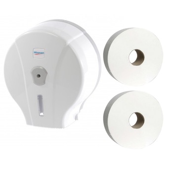 Pachet 1 x Dispenser pentru hartie Mini Jumbo, alb, plastic si 2 x role Hartie Mini Jumbo, 300 gr, 90 m, cu derulare centrala Pachet 1 x Dispenser pentru hartie Mini Jumbo, alb, plastic si 2 x role Hartie Mini Jumbo, 300 gr, 90 m, cu derulare centrala