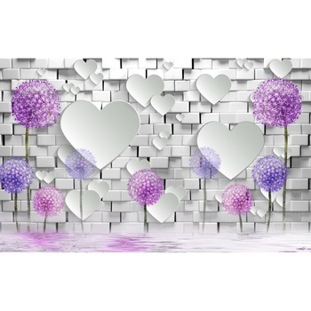 Fototapet de perete autoadeziv si lavabil Papadii mov, zid caramida alba, inimioare, 220 x 135 cm Fototapet de perete autoadeziv si lavabil Papadii mov, zid caramida alba, inimioare, 220 x 135 cm