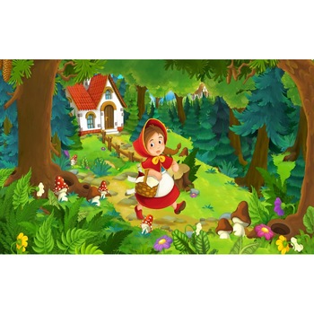 Fototapet de perete autoadeziv si lavabil Scufita rosie si casuta din padure, 270 x 200 cm Fototapet de perete autoadeziv si lavabil Scufita rosie si casuta din padure, 270 x 200 cm
