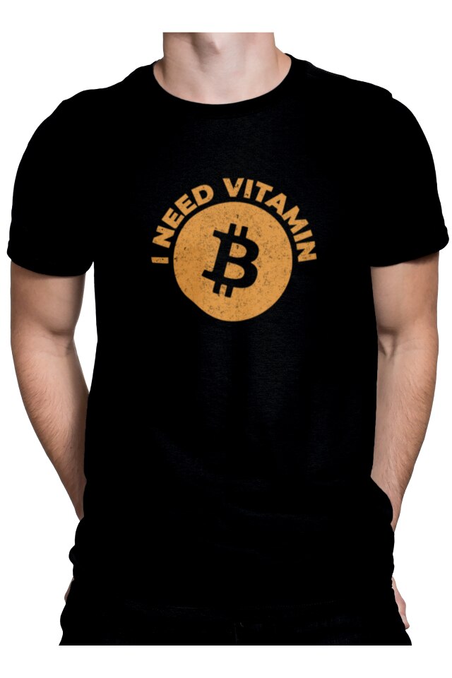 Tricou pentru barbati cu Bitcoin, Priti Global, imprimat cu mesaj amuzant, I need vitamin B, Negru