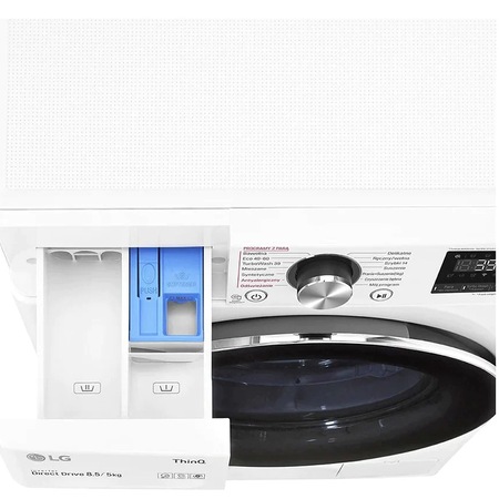 Masina de spalat rufe cu uscator Slim LG F2DV9S8H2E, 8.5 kg spalare, 5 kg, 1200 rpm, Clasa A, AI Direct Drive, TurboWash, Steam+, Alb