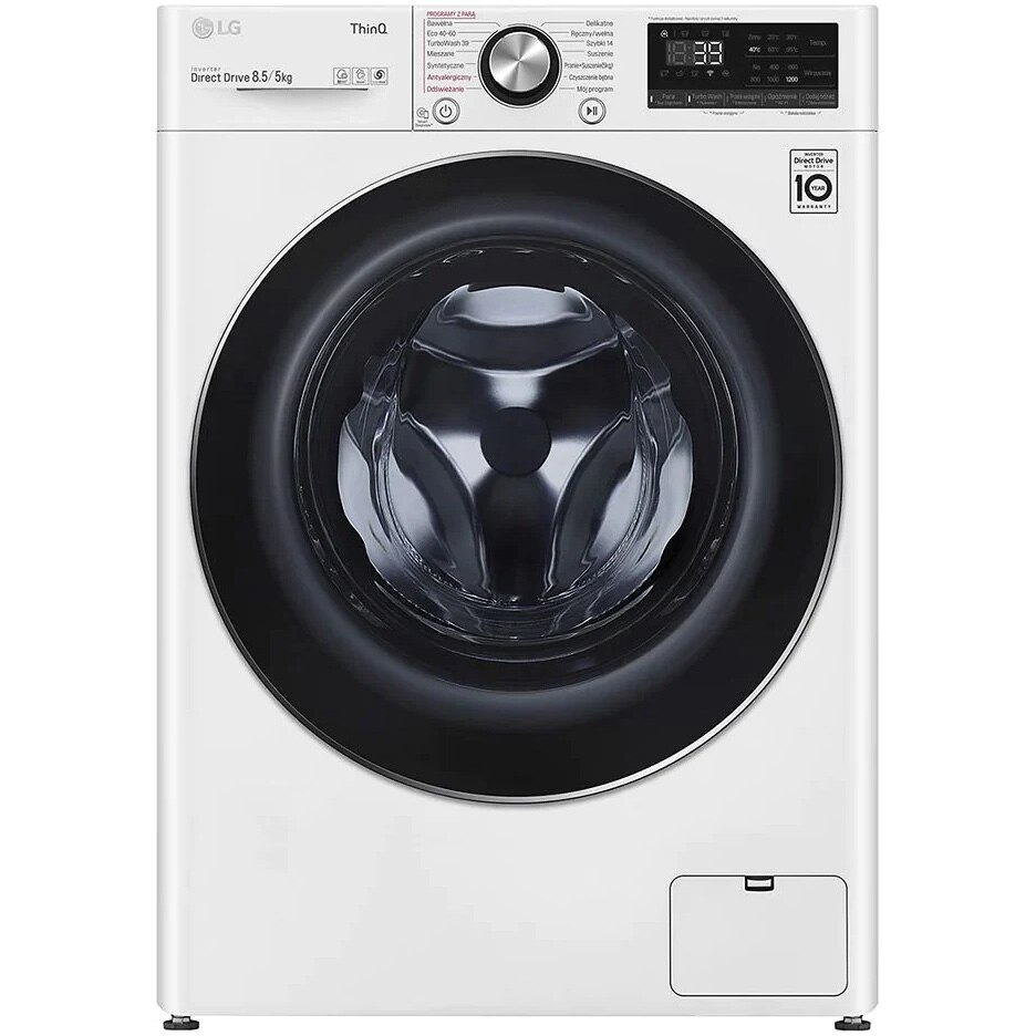 Masina de spalat rufe cu uscator Slim LG F2DV9S8H2E, 8.5 kg spalare, 5 kg, 1200 rpm, Clasa A, AI Direct Drive, TurboWash, Steam+, Alb