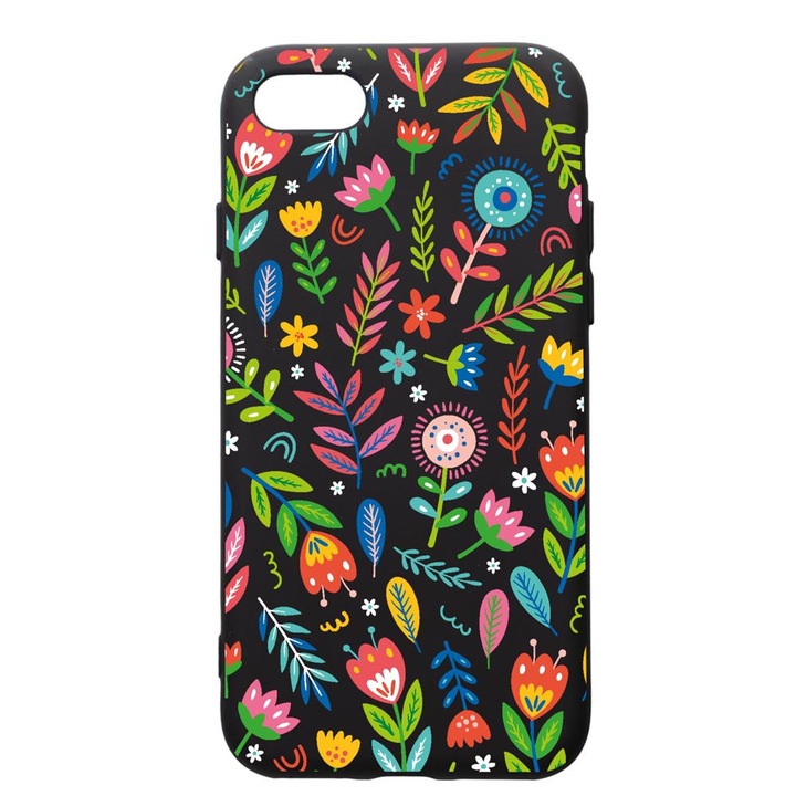 Husa Silicon Premium compatibila cu Apple iPhone SE 2 / iPhone 8 / iPhone 7, Happy Flowers, cu interiorul din material textil, protectie camera, PB756