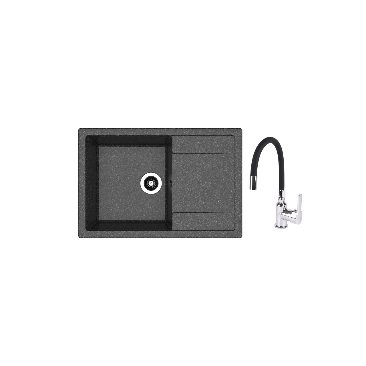 Set chiuveta granit 760x510 mm si Baterie SanDonna F 995 pipa flexibila, cu aerator, cartus ceramic, Negru