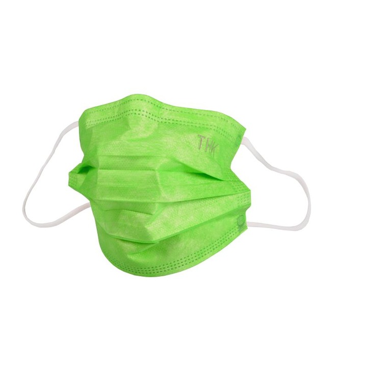 Комплект от 10 броя медицински маски за лице THK, Индивидуално опаковани, 3 гънки, 3 слоя, Зелен