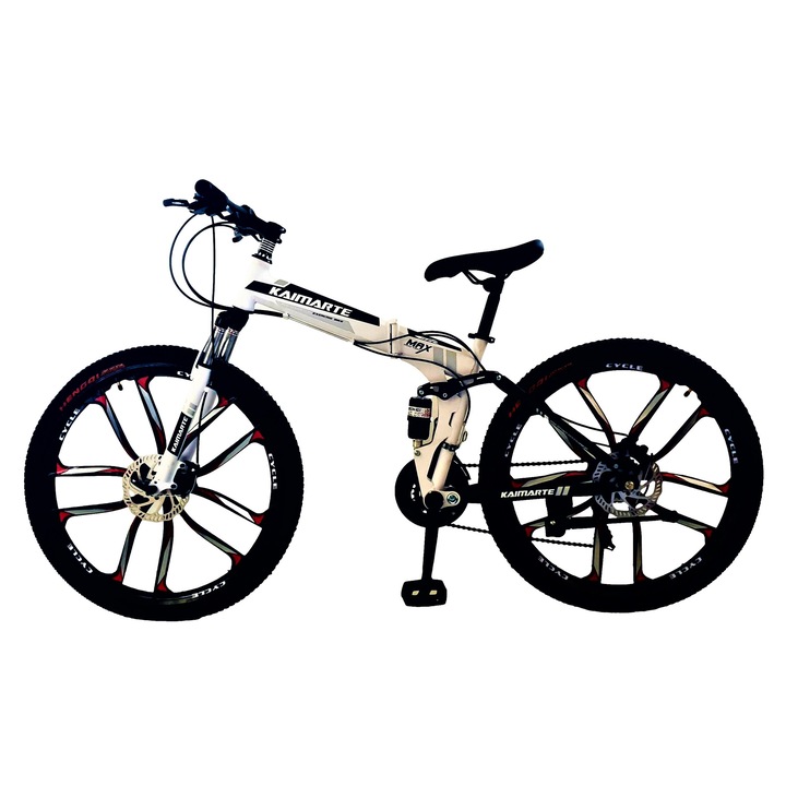 Bicicleta Mountain Bike – KAIMARTE, ISS8, 26 inch, jante aluminiu turnate, 10 spite, cadru otel, frane mecanice pe disc fata/spate, full suspensie, pliabila, 21 de viteze, culoare alb