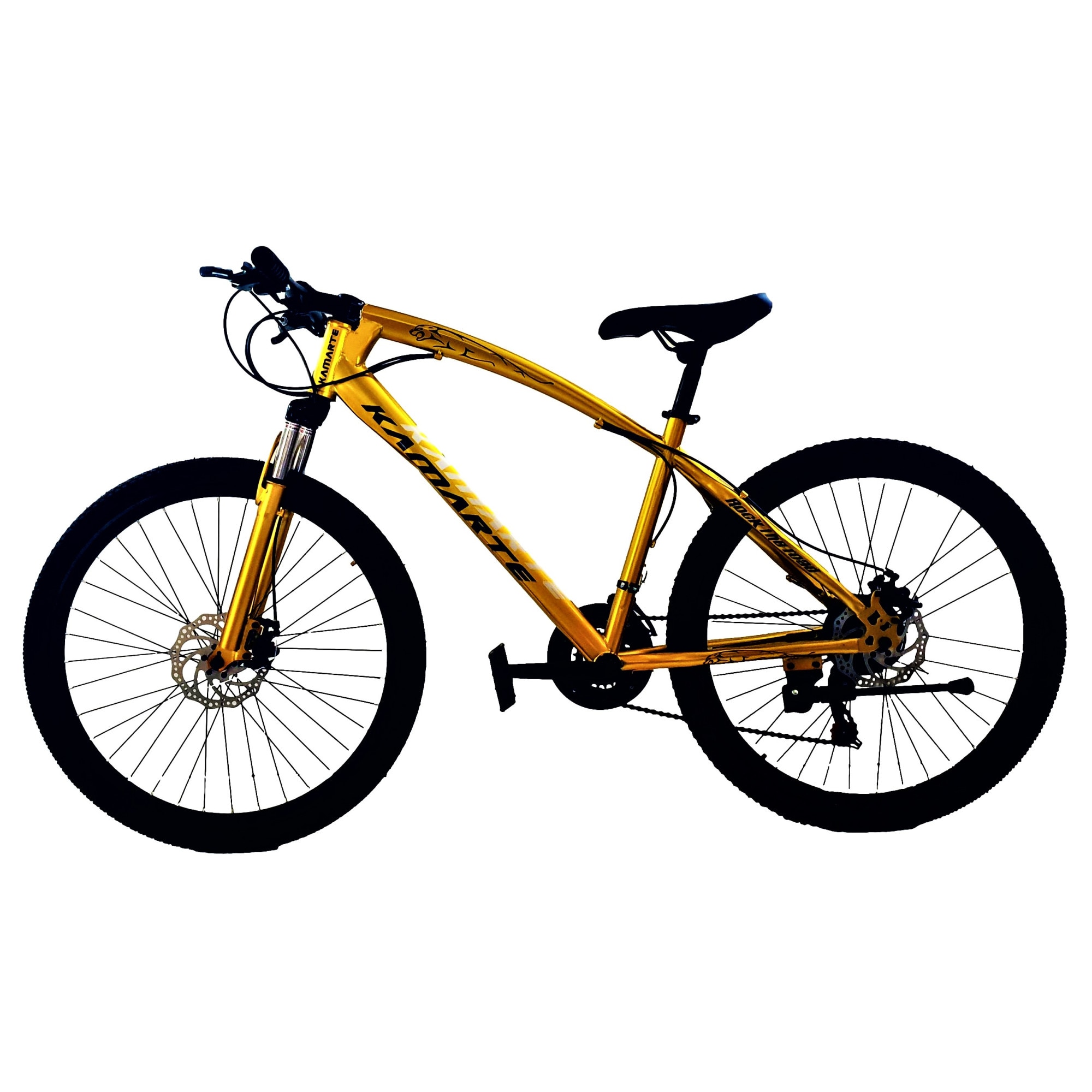 And musics district Bicicleta Mountain Bike – KAIMARTE, AP16, 26 inch, genti aluminiu duble,  cadru otel, frane mecanice pe disc fata/spate, suspensie fata, 21 de  viteze, culoare auriu - eMAG.ro