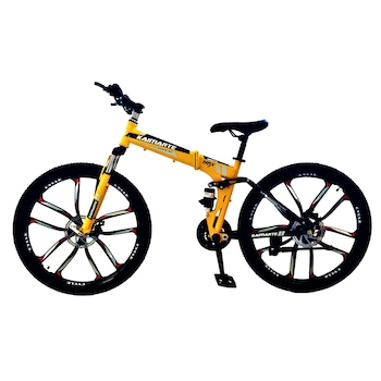 Bicicleta Mountain Bike – KAIMARTE, ISS8, 26 inch, genti aluminiu turnate, 10 spite, cadru otel, frane mecanice pe disc fata/spate, full suspensie, pliabila, 21 de viteze, culoare galben Bicicleta Mountain Bike – KAIMARTE, ISS8, 26 inch, genti aluminiu turnate, 10 spite, cadru otel, frane mecanice pe disc fata/spate, full suspensie, pliabila, 21 de viteze, culoare galben