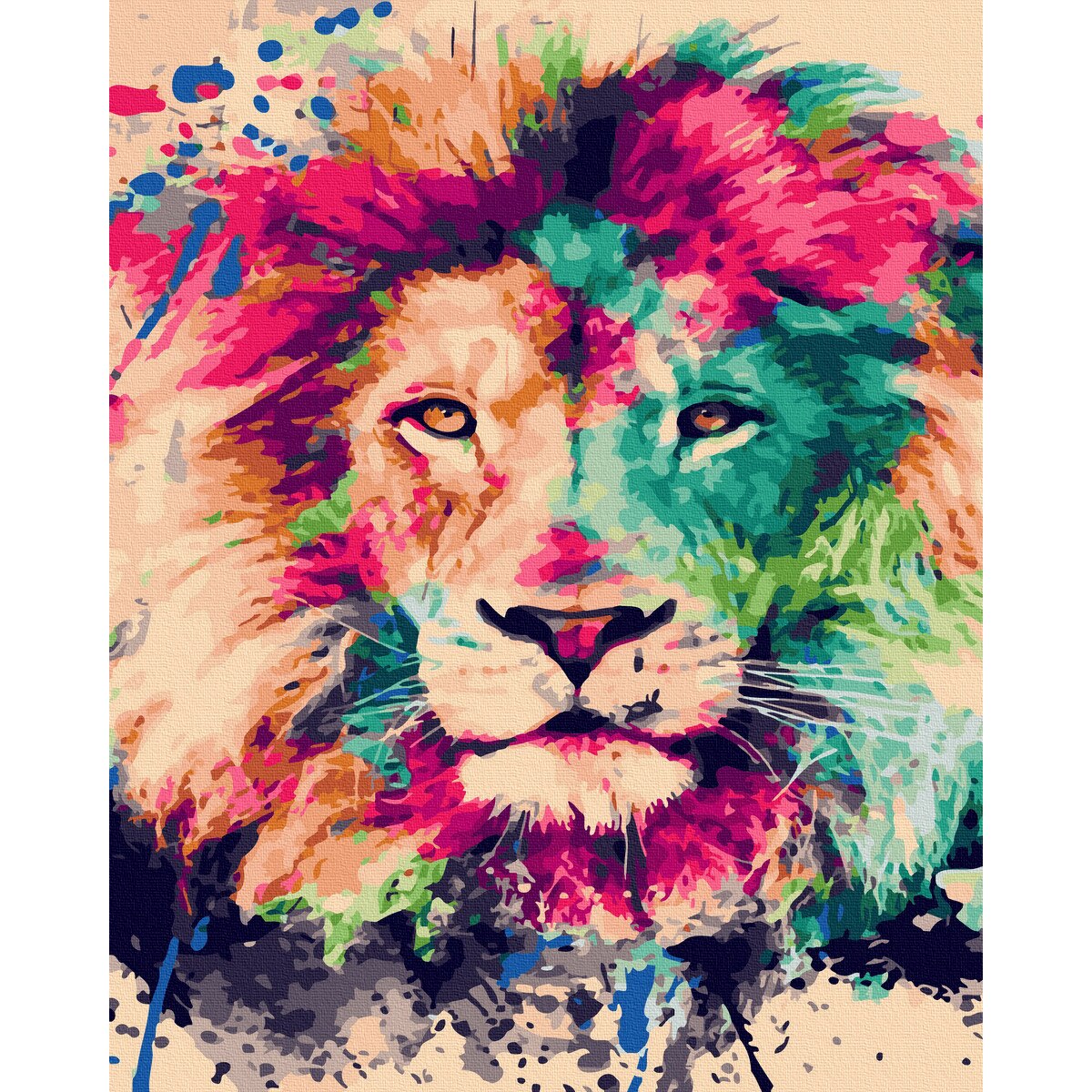 Set picturi pe numere, panza pe rama, The Colorful Lion, 50x65cm, culori acrilice, pensule, panza incadrata pe o rama de lemn