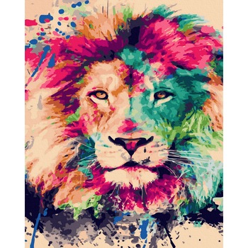 Set picturi pe numere, panza pe rama, The Colorful Lion, 50x65cm, culori acrilice, pensule, panza incadrata pe o rama de lemn Set picturi pe numere, panza pe rama, The Colorful Lion, 50x65cm, culori acrilice, pensule, panza incadrata pe o rama de lemn