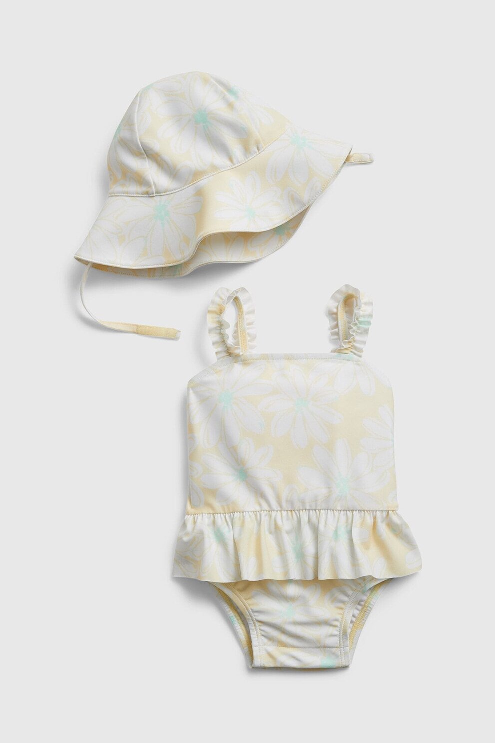 GAP, Set de costum de baie cu imprimeu floral si palarie, Alb/Galben pal