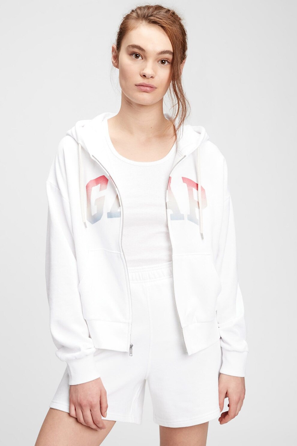 GAP, Hanorac cu fermoar si imprimeu logo, Alb/Rosu