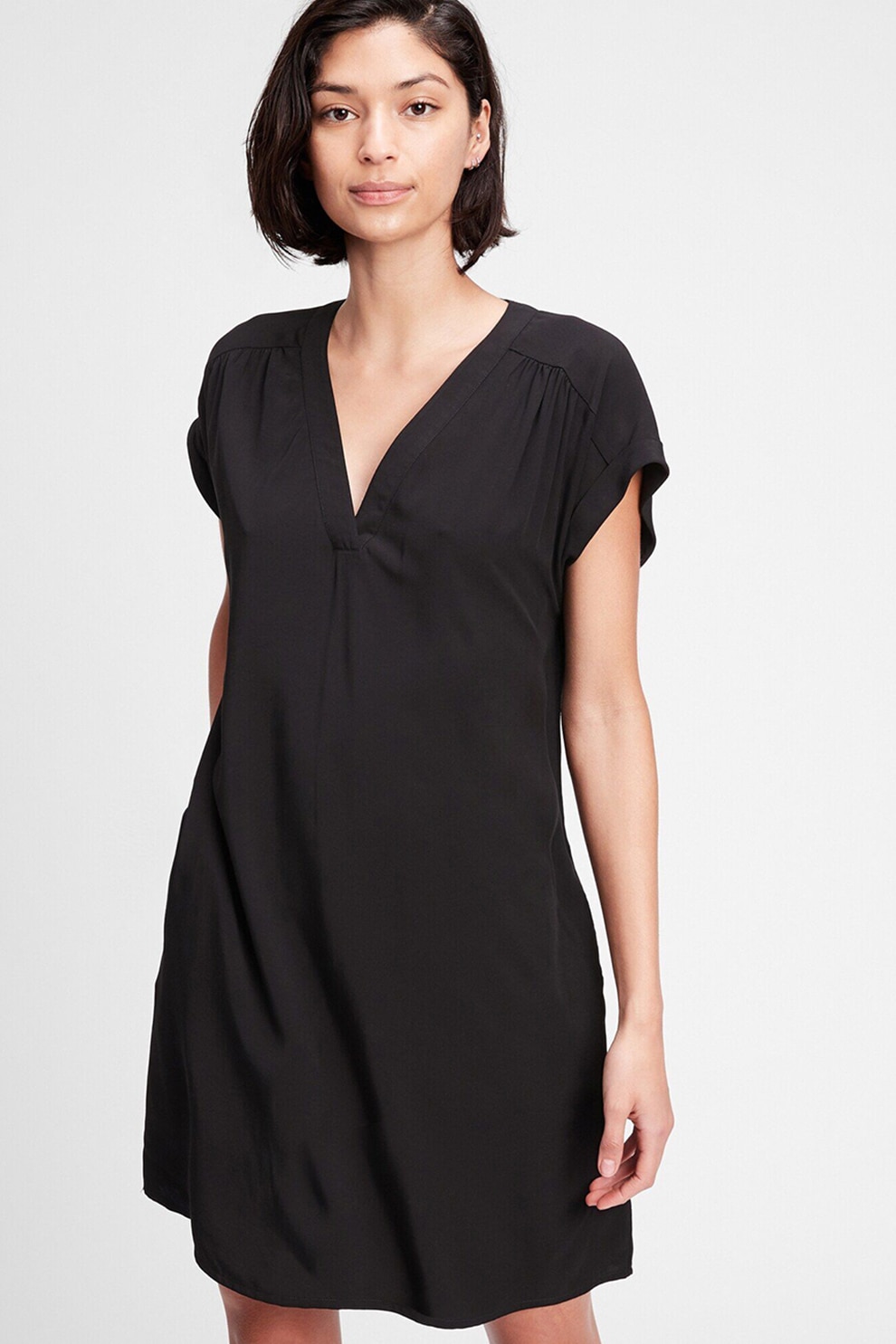 GAP, Rochie mini cu decolteu in V si model, Negru