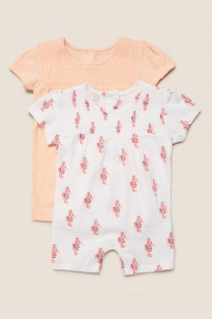 Marks & Spencer, Set de salopete scurte din bumbac, 2 piese, Alb/Roz piersica Marks & Spencer, Set de salopete scurte din bumbac, 2 piese, Alb/Roz piersica