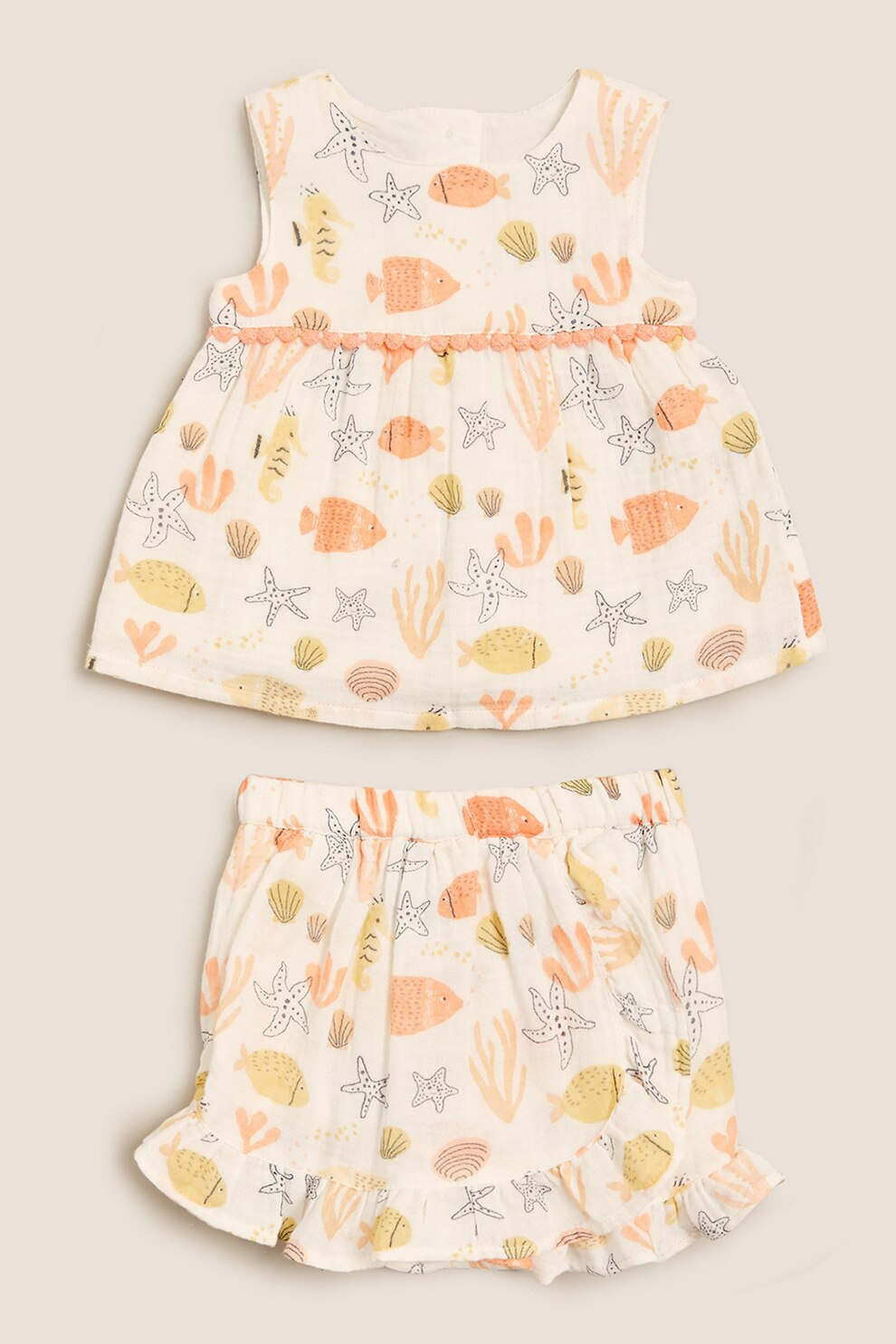 Marks & Spencer, Set de top si fusta-pantalon cu imprimeu, 2 piese, Alb fildes/oranj/galben