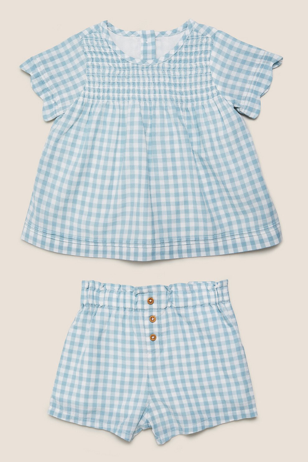 Marks & Spencer, Set de bluza si pantaloni scurti cu imprimeu in carouri, 2 piese, Albastru acvamarin/Alb