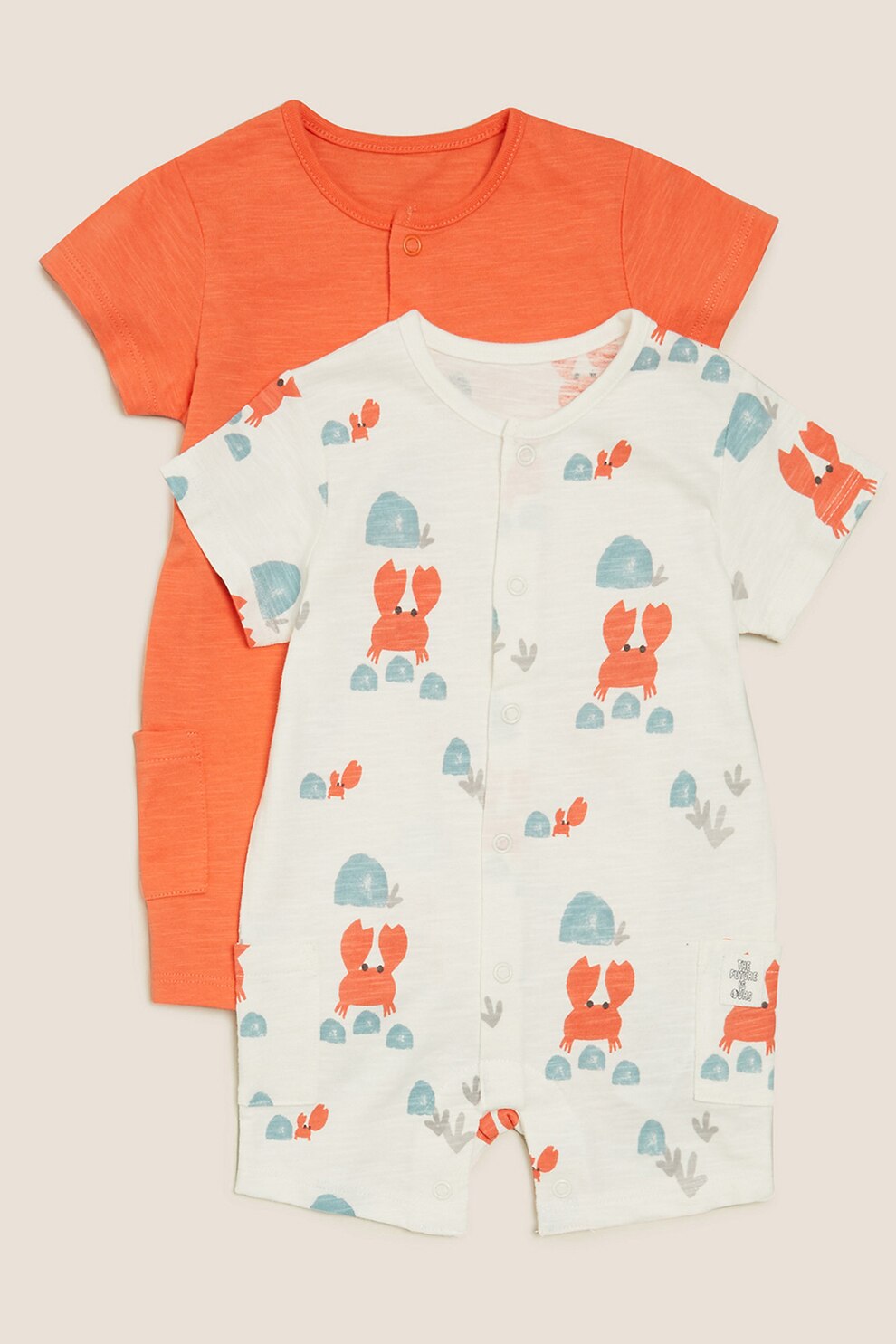 Marks & Spencer, Set de salopete scurte din bumbac, fete, 2 piese, Alb/Oranj/Albastru