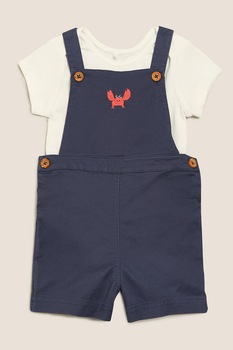 Marks & Spencer, Set de salopeta scurta si tricou, 2 piese, fete, Bleumarin/Oranj/Alb Marks & Spencer, Set de salopeta scurta si tricou, 2 piese, fete, Bleumarin/Oranj/Alb