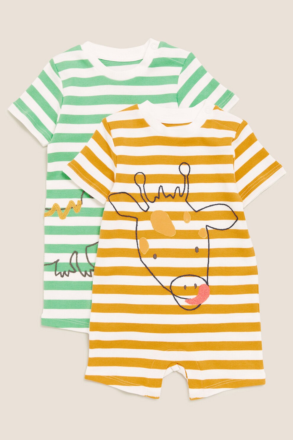 Marks & Spencer, Set de salopete scurte cu imprimeu, 2 piese, fete, Alb/Ocru/Verde